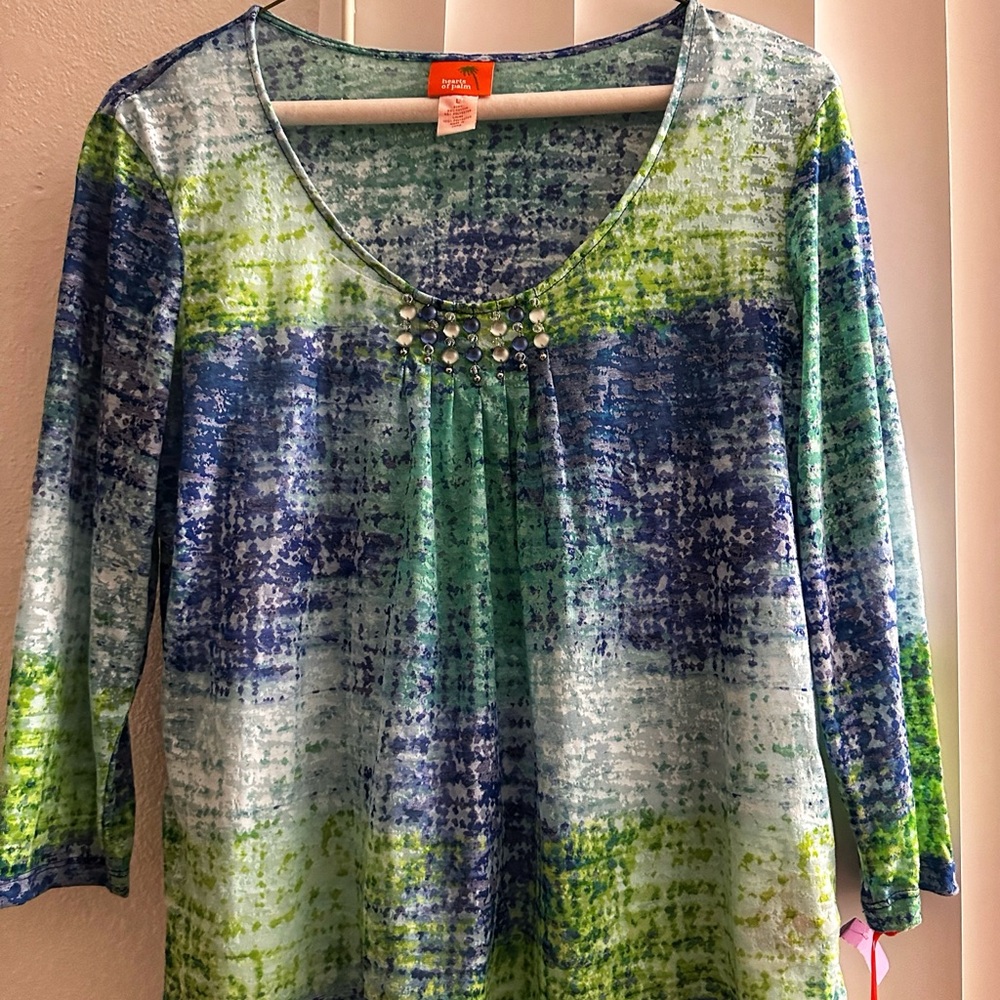 Hearts of Palm Blue and Green Blouse with Stud Accents